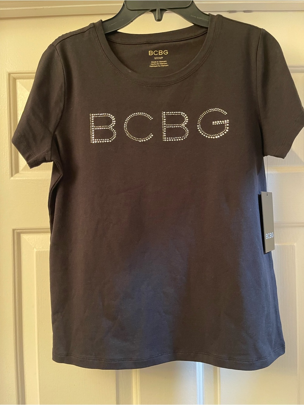 BCBG Black Short-Sleeve Tee with Rhinestone Lettering